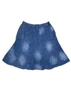 Studio West Cotton Large Denim A-Line Skirt Minimalist Neutral Cottage Patchwork